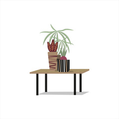 House plants realistic white brick wall interior with hanging ivy pots succulents on side table vector illustration