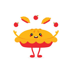 Cute cartoon style smiling apple pie character juggling little apples and pies.
