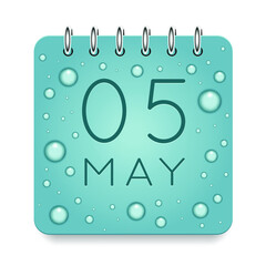 05 day of month. May. Calendar daily icon. Date day week Sunday, Monday, Tuesday, Wednesday, Thursday, Friday, Saturday. Dark Blue text. Cut paper. Water drop dew raindrops. Vector illustration.