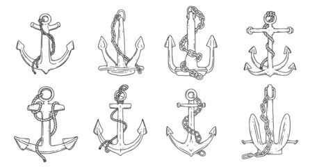 Set of anchors with rope and iron chain. Vector black white doodle sketch outline isolated illustration.