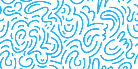 Seamless doodle modern abstract brain texture pattern doodle hand drawn lines. Blue wave texture of the brain in flat style hand drawn graphic. Blue seamless pattern background smart wallpaper .