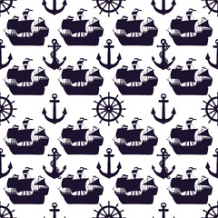 Seamless pattern of silhouette ships, anchors and steering-wheel rudders. Vector black doodle sketch illustration on white background.