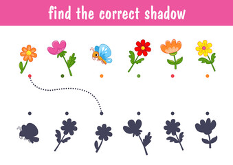 Small cute colorful flowers, daisies, tulip and butterfly. Find the correct shadow. Educational game for children. Cartoon vector illustration.