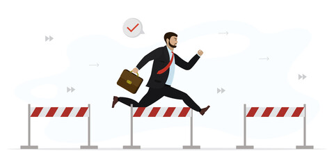Caucasian businessman jumps over hurdles. Overcoming obstacles, solving problems. Business competition. Skills improvement. Successful employee fast run. Confident male character.