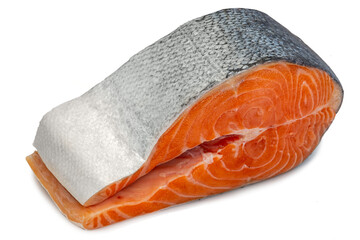 Chilled salmon large piece, fillet, steak. Fresh raw trout fish, isolated food on white background. Red meat healthy seafood