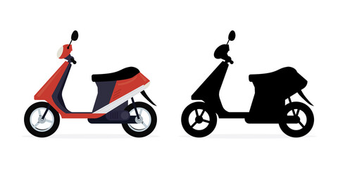Modern motorbike. Motorcycle with black silhouette isolated on white background. Cartoon bike vehicle. Two wheel motor scooter. Design template.