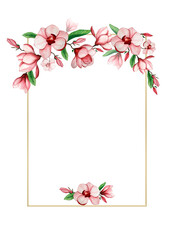 Floral frame with watercolor flowers. Pink magnolias with leaves in a rectangular frame.