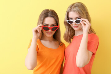 Portrait of stylish young sisters on color background