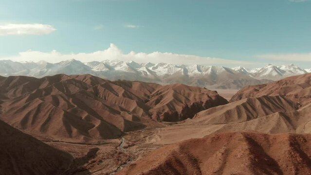 Aerial view mountains with glaciers and river with pure water