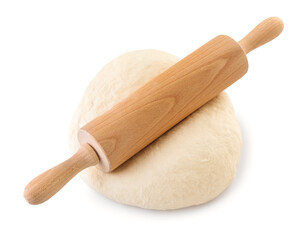 Raw dough with rolling pin on white background
