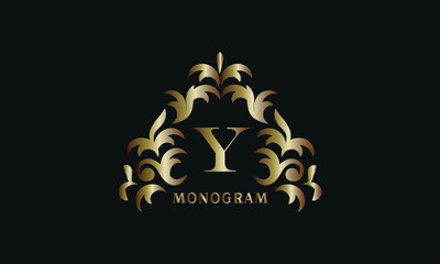 Bronze floral logo for letter Y on a dark background. Business sign, identity monogram for restaurant, boutique, hotel, heraldic, jewelry.