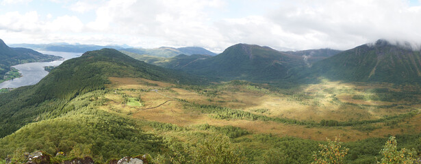 Green mountain landscape in Straumshornet, Norway.