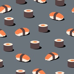 Sushi and rolls seamless pattern. Seafood vector background. Japanese asian cuisine and oriental kitchen, restaurant wallpaper © Valentina