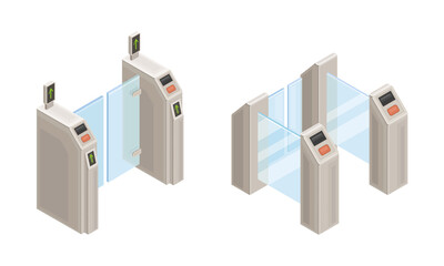 Subway station elements set. Entrance gates. Modern railway transport concept isometric vector illustration