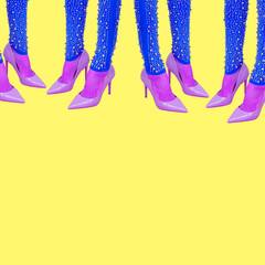 Contemporary digital collage art.  Lady elegant legs in isometry space. Women, girl power, ladies communities, emotions, feminism concept.