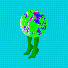 Contemporary digital collage art.  Lady Planet Earth. Bio, eco lover, save planet concept.