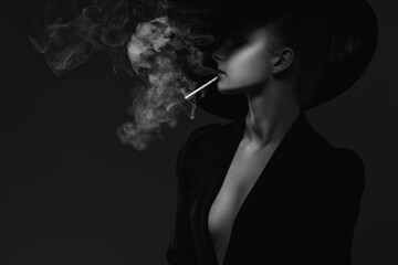 Fototapeta premium A mysterious woman in a black suit and hat smokes a cigarette. Black and white photo.