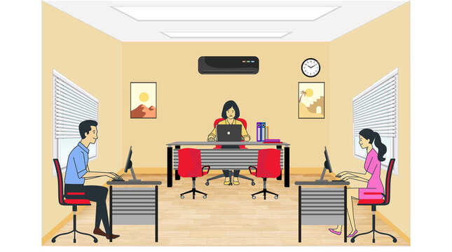 Team worker man and woman working on computer along with female boss in a stylish modern business office. Flat vector illustration.