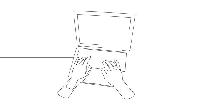 Animation of an image drawn with a continuous line. Laptop and user hands.