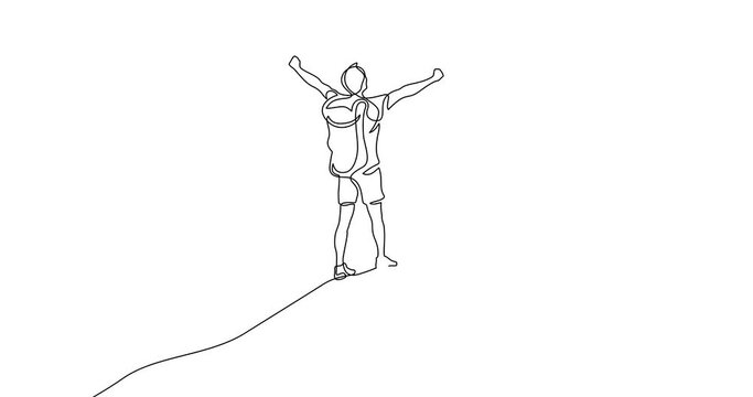 Animation of an image drawn with a continuous line. Winner man on mountain peak. Climber on mountain top silhouette. Victory symbol.