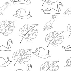 Cute animals pattern. Hand draw vector doodle design for kids and for fashion clothes shirt ,fabric. Image with snail palm leaf parrot swan.