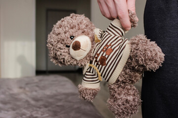 Boy alone at home with teddy bear