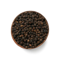 Bowl of black peppercorns isolated on white background