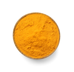 Bowl of turmeric powder isolated on white background