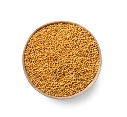Bowl of mustard seeds isolated on white background