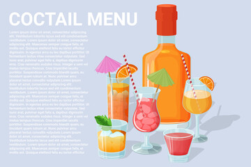Cocktail menu.Alcoholic beverages in glasses and glasses.Daiquiri, martini, margarita, cosmopolitan, Long Island, blue lagoon and Pina colada.Vector illustration.
