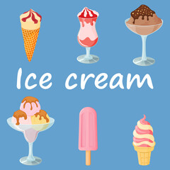 Ice cream on a blue background.Sweet summer dessert.Vector illustration.A set of ice cream with different flavors, textures and fillers.