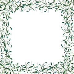 Watercolor frame with stylized branches and leaves. Hand-drawn elegance templates perfect for wedding postcards, design of invitations, poster, banner, decoration.