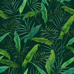 Watercolor seamless pattern with tropical leaves. Hand-drawn illustration perfect for design of fabric, textile, wrapping paper, card, decoration of  poster, banner, cover. 