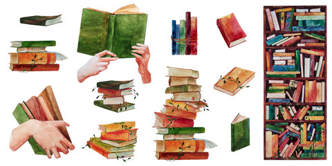 Hand-drawn watercolor illustration set of different books, wooden bookcase full of books, stack of books, books in hand. Bright illustration for design of book shop or library, cover, package, card.