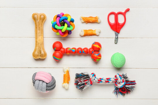 Different pet care accessories and snacks on light wooden background