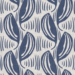 French blue botanical leaf linen seamless pattern with 2 tone country cottage style motif. Simple vintage rustic fabric textile effect. Primitive modern shabby chic kitchen cloth design. - 489262690