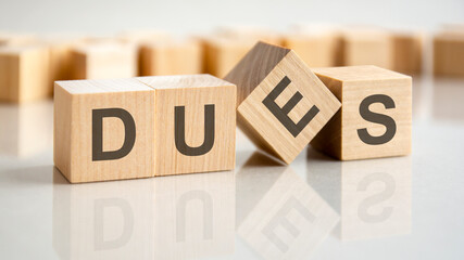 four wooden blocks with the letters DUES on the bright surface of a gray table, business conceptual word collected of of wooden elements with the letters