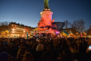 Protest, Demonstration against Russian Invasion of Ukraine at Place de la Republique in Paris,...
