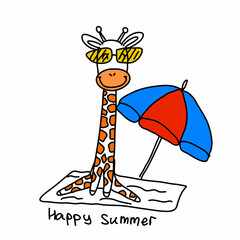 a giraffe with glasses is sitting on the beach under an umbrella, isolated in the style of doodles. Vector illustration
