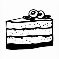 A hand-drawn illustration in the style of a doodle. Sweet dessert blueberry cake. Linear Vector Illustration. It can be used as a logo, sticker, menu, coloring book, etc.