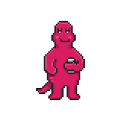 Illustration of a cartoon dino character with cup of coffee in pixel art style