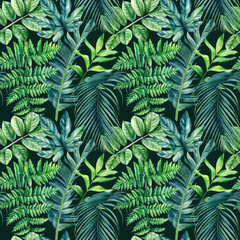 Jungle palm leaves, tropical leaf, watercolor botanical illustration. Seamless patterns.