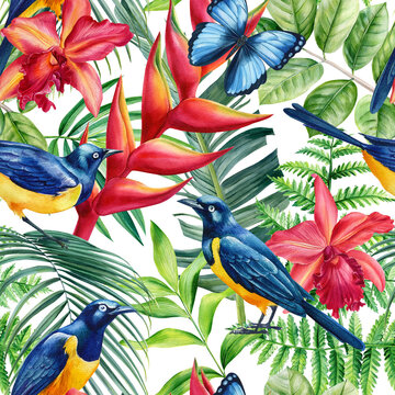 Jungle palm leaves, tropical bird, flowers and butterfly watercolor botanical illustration. Seamless patterns.