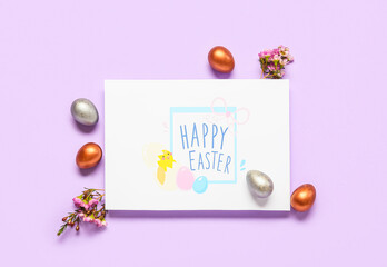 Beautiful Easter composition with greeting card on color background