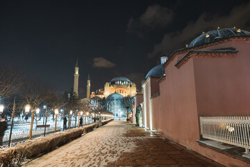 Istanbul in winter. Hagia Sophia and snowy weather at night