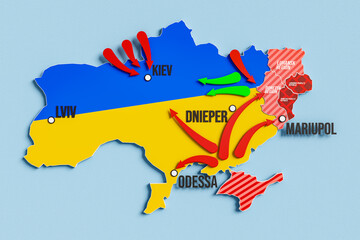 War escalation of the conflict in Ukraine with Russia - the movement of military units map - 3D render