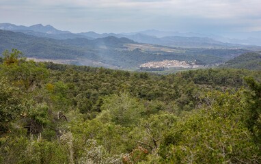 Fototapeta na wymiar Plantation fields and mountains near Marça, Spain