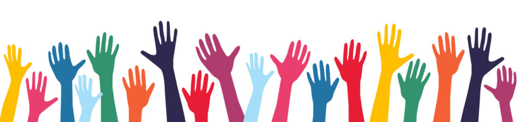 Multicultural community integration. Diversity multiethnic people group raised arms and hands. Racial equality. Men and women of different culture and countries. Rainbow colors Pride vector background