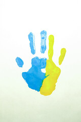 Watercolor colorful handprints. Ukraine loves concept, yellow and blue. Selective focus. Independence Day of Ukraine, Flag, Constitution Day Education, school, art painting concept