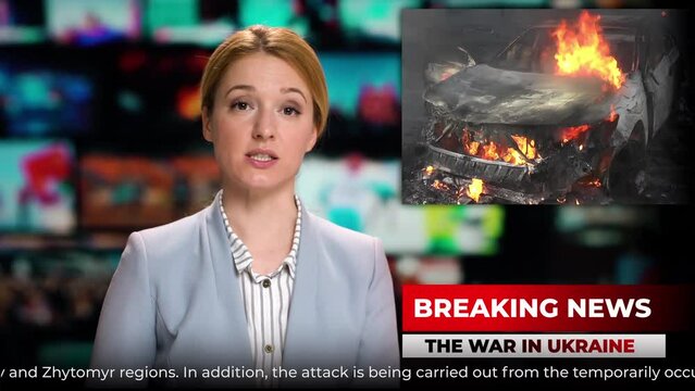 TV studio fenews male anchor presenter talking shocking breaking news about Russia's attack on Ukraine